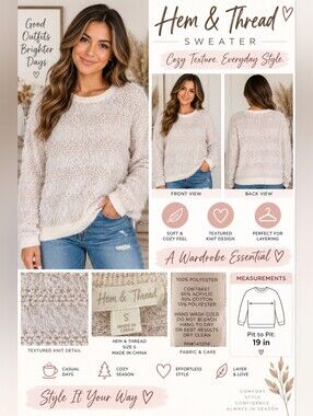 Hem & Thread Cream Textured Crew Neck Sweater
